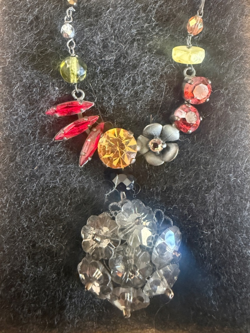 Vintage-Inspired Floral Crystal Pendant Necklace - Red, Yellow, Olive, Clear